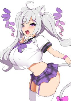 1girl :d animal_ears bebebe_(pepegakii) blush bow breasts cat_ears cat_girl cat_tail cowboy_shot crop_top crop_top_overhang fang garter_straps hair_ornament highres indie_virtual_youtuber large_breasts leaning_forward long_hair microskirt midriff navel nekono_shirone open_mouth oppai_loli pink_bow plaid_clothes plaid_skirt purple_eyes purple_skirt school_uniform short_sleeves skirt smile solo tail tail_bow tail_ornament thighhighs twintails virtual_youtuber white_thighhighs x_hair_ornament