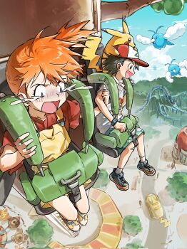 1boy 1girl :d aihara-rina alternate_costume amusement_park animal ash_ketchum asymmetrical_hair baseball_cap bird black_hair blue_eyes blue_sky blush bridge car chair cloud cockpit crying crying_with_eyes_open day driving feathers ferris_wheel fluffy flying food gen_1_pokemon gen_2_pokemon gen_3_pokemon gen_4_pokemon grass green_shorts gyarados hat highres hoothoot misty_(pokemon) motor_vehicle mountain nintendo on_head on_shoulder open_mouth orange_hair outdoors overalls pikachu pokemon pokemon_(anime) pokemon_(classic_anime) pokemon_(creature) pokemon_center pokemon_on_head pokemon_on_shoulder ponytail portrait railroad_tracks red_shirt riding riding_pokemon road shirt shoes short_hair short_sleeves shorts side_ponytail sitting sky smile sneakers socks starly sudowoodo suspenders swablu t-shirt tears tree white_feathers white_shirt wristband