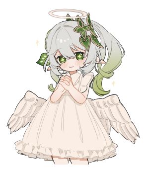 1girl absurdres alternate_costume blush closed_mouth commentary cropped_legs dress feathered_wings genshin_impact gradient_hair green_eyes green_hair hair_between_eyes hair_ornament halo hands_up highres interlocked_fingers kumane_(osakanadonn) leaf_hair_ornament long_hair looking_at_viewer low_wings multicolored_hair nahida_(genshin_impact) own_hands_together pointy_ears side_ponytail simple_background smile solo star-shaped_pupils star_(symbol) symbol-shaped_pupils traditional_halo white_background white_dress white_hair white_wings wings