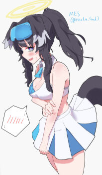 1girl absurdres animal_ears black_hair blue_archive blue_eyes blush breasts cheerleader dog_ears dog_girl dog_tail embarrassed furugo-ri280 goggles goggles_on_head halo hibiki_(blue_archive) hibiki_(cheer_squad)_(blue_archive) highres long_hair looking_at_viewer millennium_cheerleader_outfit_(blue_archive) navel nervous nervous_smile official_alternate_costume open_mouth ponytail simple_background skirt smile solo tail white_background yellow_halo