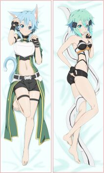 2girls animal_ear_fluff animal_ears aqua_eyes aqua_hair armor armored_leotard asagi501 ass bare_arms bare_legs bare_shoulders barefoot belt belt_collar black_belt black_collar black_gloves black_leotard black_shorts black_trim blue_eyes blue_hair breastplate breasts cat_ears cat_girl cat_tail cleavage closed_mouth clothes_pull coat collar collarbone commentary_request dakimakura_(medium) double-parted_bangs fingerless_gloves frown full_body gloves green_coat grey_armor hair_between_eyes hair_ornament hair_tubes hairclip hand_up hands_up highleg highleg_leotard highres leotard light_blush lying medium_breasts medium_hair merchandise_available messy_hair multicolored_leotard multiple_girls on_back on_side open_clothes open_coat paw_pose scarf short_shorts shorts shorts_pull simple_background sinon sinon_(sao-alo) split_mouth sword_art_online tail thigh_strap two-tone_leotard unworn_scarf white_background white_leotard white_scarf yellow_trim