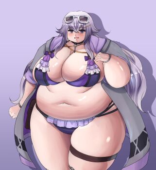1girl ashenwolf55 belly bikini black_choker blush bracelet breasts choker cleavage crossed_bangs embarrassed fat fat_woman flower_knight_girl frilled_bikini frills grey_robe hair_between_eyes hand_on_own_chest huge_breasts jewelry key_pendant long_hair navel open_clothes open_mouth open_robe pendant_choker purple_background purple_bikini purple_eyes purple_hair robe sigillaria_(flower_knight_girl) skindentation solo standing sunglasses sunglasses_on_head swimsuit thick_thighs thigh_strap thighs wavy_hair white-framed_eyewear