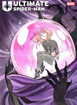 Rule 34 | 1boy, 1girl, belt, black belt, black gloves, black shirt, black shoes, cloak, comic cover, company name, copyright logo, copyright name, cover, cover page, crossed arms, fingernails, fishbowl helmet, floating hair, gloves, grey pants, helmet, highres, logo, long fingernails, marvel, mary jane watson, medium hair, mysterio, official art, orange hair, pants, peach momoko, purple background, purple cloak, purple eyes, purple helmet, shirt, shoes, spider-man (series)