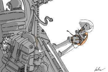 Rule 34 | 1girl, 2others, absurdres, astronaut, barefoot, greyscale, helicopter interior, highres, kaduise, monochrome, multiple others, original, parachute, short hair, signature, skydive, spot color