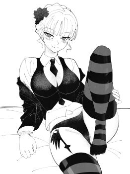 1girl absurdres ass beatrice_(umineko) blush breasts commentary english_commentary flower hair_flower hair_ornament highres jacket large_breasts long_hair long_sleeves looking_at_viewer midriff_peek navel necktie panties rose shirt smile solo tattoo thighhighs thighs toumineko umineko_no_naku_koro_ni underwear vest