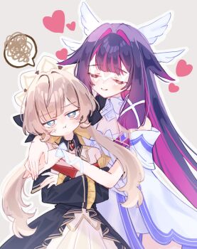 2girls anger_vein bare_shoulders black_collar black_dress black_hair black_sleeves blue_eyes brown_hair closed_eyes collar columbina_(genshin_impact) detached_collar detached_sleeves dress eye_mask feathered_wings genshin_impact head_wings heart highres hug hug_from_behind long_hair mask multicolored_hair multiple_girls pink_hair sandrone_(genshin_impact) sasami_(cho_ge_n_ki) short_hair_with_long_locks smile white_dress white_headdress white_wings wings