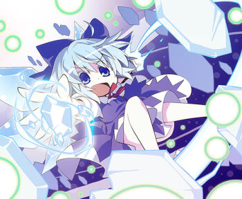 1girl akaneya blue_dress blue_eyes blue_hair bow cirno danmaku dress female_focus hair_bow ice ice_block ice_wings matching_hair/eyes open_mouth outstretched_arms puffy_short_sleeves puffy_sleeves shirt short_sleeves silver_hair smile solo touhou wings