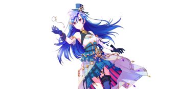 1girl asymmetrical_legwear belt black_belt black_garter_straps black_gloves black_hat blue_hair blue_thighhighs breasts cleavage cleavage_cutout clock closed_mouth clothing_cutout corset cowboy_shot detached_sleeves dot_nose dress game_cg garter_straps gear_hat_ornament gears gem gloves green_corset green_skirt hair_between_eyes hat hat_ornament highres lapis_re:lights layered_skirt long_hair medium_breasts mini_hat mini_top_hat official_art purple_gemstone red_eyes rosetta_(lapis_re:lights) see-through_skirt_layer single_detached_sleeve single_thighhigh skirt sleeveless sleeveless_dress solo thighhighs third-party_source tilted_headwear top_hat transparent_background underbust white_dress white_sleeves yellow_gemstone