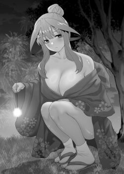 1boy 1girl aerial_fireworks alternate_breast_size_(larger) alternate_costume alternate_hairstyle bare_shoulders breasts cleavage closed_mouth collarbone commentary_request fireworks full_body go-toubun_no_hanayome greyscale hair_bun hair_ornament highres holding holding_fireworks huge_breasts japanese_clothes kimono kosmos_beta long_sleeves looking_at_viewer monochrome nakano_itsuki obi off_shoulder outdoors paid_reward_available sandals sash senkou_hanabi short_hair_with_long_locks socks solo sparkler squatting star_(symbol) star_hair_ornament tree wide_sleeves