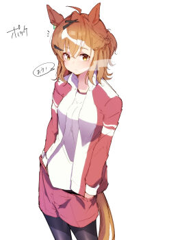 1girl absurdres ahoge animal_ears black_pantyhose blush breasts brown_hair gorioshi0802 gym_shirt hair_between_eyes hair_ornament hairclip hands_in_pockets highres horse_ears horse_girl horse_tail jacket jungle_pocket_(umamusume) long_sleeves medium_hair open_clothes open_jacket pantyhose red_shorts shirt shorts simple_background speech_bubble tail tracen_training_uniform track_jacket umamusume white_background white_shirt yellow_eyes