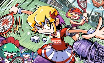 4girls ^_^ aki_minoriko aki_shizuha angry ball baseball_cap black_skirt blonde_hair blue_hair bow breasts closed_eyes collared_shirt drooling fire front_ponytail green_hair happy hat highres holding holding_tennis_racket huffing jitome kagiyama_hina kawashiro_nitori kevin_arthur large_breasts looking_at_another maple_leaf_hair_ornament mario_(series) mario_power_tennis mario_tennis miniskirt multicolored_skirt multiple_girls nintendo playing_sports racket red_bow red_shirt red_skirt red_visor scoreboard shirt short_hair short_sleeves skirt sportswear stadium tennis tennis_ball tennis_racket tennis_uniform toon_(style) touhou visor_cap white_shirt white_skirt wrist_cuffs