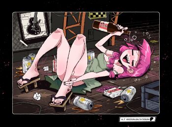 1girl absurdres beer_can black_border black_nails black_toenails blush bocchi_the_rock! border bottle braid breasts can cleavage closed_eyes dress drink_can drunk feet full_body green_dress herny highres hiroi_kikuri indoors legs lying medium_breasts messy_room nail_polish off_shoulder on_back open_mouth pionk_shirt sake_bottle sandals sharp_teeth solo spread_legs teeth toenail_polish toenails toes upper_teeth_only wooden_floor