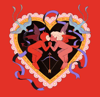 2others absurdres ambiguous_gender angel angel_and_devil angel_wings bird bodysuit bow_(weapon) completely_nude demon_tail demon_wings heart heart_frame highres holding_hands hood kiss multiple_others nude original red_background ribbon sarakipin symmetry tail weapon white_hair wings