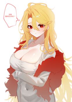 Rule 34 | 1girl, absurdres, blonde hair, breasts, commentary request, don quixote (project moon), dress, feathers, highres, korean commentary, la manchaland (identity) (project moon), limbus company, long hair, long sleeves, looking at viewer, parted bangs, pmchell 04, project moon, red eyes, red feathers, red fur, sancho (project moon), shirt, solo, white shirt