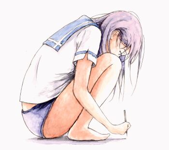 Rule 34 | 1girl, absurdres, barefoot, bbmasa, blue butterfly, blue sailor collar, bug, butterfly, commentary request, from side, full body, gradient background, grey background, hair behind ear, hibike! euphonium, highres, holding, holding pen, insect, kitauji high school uniform, liz to aoi tori, long hair, looking down, pen, profile, purple hair, sailor collar, school uniform, shirt, short sleeves, solo, squatting, summer uniform, traditional media, white shirt, writing, yoroizuka mizore