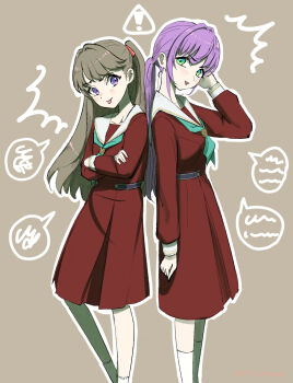 Rule 34 | 2girls, :d, ^^^, aqua neckerchief, back-to-back, brown background, brown hair, commentary, crossed arms, dress, feet out of frame, fujishima megumi, green eyes, hair intakes, hand on own ear, hand on own head, hasu no sora school uniform, highres, link! like! love live!, long sleeves, love live!, low ponytail, medium dress, multiple girls, neckerchief, official alternate hairstyle, open mouth, otomune kozue, pleated dress, ponytail, purple eyes, purple hair, red dress, renge (042514), sailor collar, sailor dress, school uniform, sidelocks, sign, simple background, smile, socks, spoken squiggle, squiggle, two side up, v-shaped eyebrows, virtual youtuber, warning sign, white sailor collar, white socks, winter uniform