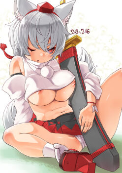 1girl accidental_exposure animal_ear_fluff animal_ears black_skirt blush breasts commentary_request crop_top dated detached_sleeves full_body geta grey_hair hat inubashiri_momiji kei_jiei large_breasts looking_afar midriff miniskirt multicolored_skirt navel nipple_slip nipples one_eye_closed open_mouth pom_pom_(clothes) red_eyes red_footwear red_hat red_skirt sandals scabbard sheath shirt short_hair sitting skirt sleeveless sleeveless_shirt socks solo spread_legs sword tail tengu-geta tokin_hat touhou turtleneck underboob weapon white_shirt white_socks wolf_ears wolf_girl wolf_tail