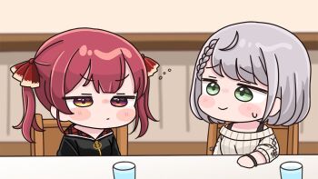 2girls black_jacket blurry blurry_background blush_stickers braid brown_eyes chair chibi closed_mouth commentary_request cup depth_of_field drinking_glass green_eyes grey_hair hair_ribbon heterochromia hololive houshou_marine houshou_marine_(summer) indoors jacket long_sleeves mochimiko multiple_girls off-shoulder_sweater off_shoulder official_alternate_costume on_chair red_eyes red_hair red_ribbon ribbed_sweater ribbon shirogane_noel shirogane_noel_(casual) small_sweatdrop smile sweat sweater table twintails v-shaped_eyebrows virtual_youtuber water white_sweater