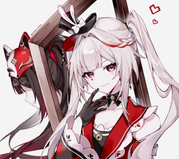 2girls black_gloves black_hair black_hat breasts commentary_request dual_persona empty_picture_frame fox_mask gloves hat heart highres honkai:_star_rail honkai_(series) long_hair looking_at_viewer mask mask_on_head multiple_girls nirako_mona picture_frame purple_eyes red_shirt shirt small_breasts smile sparkle_(honkai:_star_rail) sparxie_(honkai:_star_rail) top_hat twintails upper_body very_long_hair white_hair