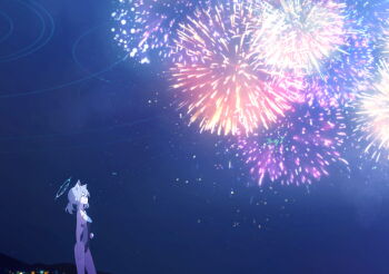 1girl animal_ear_fluff animal_ears artist_request bare_arms bare_shoulders black_one-piece_swimsuit blue_archive blue_eyes blue_halo breasts extra_ears fireworks from_side game_cg grey_hair halo highres looking_up low_ponytail night non-web_source official_alternate_costume official_alternate_hairstyle official_art one-piece_swimsuit ponytail shiroko_(blue_archive) shiroko_(swimsuit)_(blue_archive) sky solo swimsuit wolf_boy wolf_ears