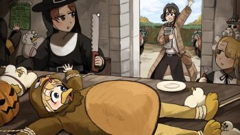 5girls :d animal animal_costume animal_on_head bird black_hair blonde_hair blue_eyes bound brown_coat brown_eyes brown_hair cat cat_on_head chicken clumsy_nun_(diva) coat commentary cowboy_hat diva_(hyxpk) duck english_commentary fork froggy_nun_(diva) hair_over_one_eye hat hedge highres holding holding_newspaper holding_saw hungry_nun_(diva) jack-o&#039;-lantern little_nuns_(diva) multiple_girls newspaper nun on_head open_mouth plate pumpkin reporter_(diva) saw smile spicy_nun_(diva) tied_up_(nonsexual) traditional_nun turkey_(bird) turkey_costume yellow_eyes