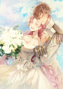1boy 1girl blue_sky bouquet brown_hair closed_eyes cloud code_geass couple donut_hair_bun dress epaulettes euphemia_li_britannia flower formal_clothes hair_bun hetero holding_hands jacket kururugi_suzaku long_hair military_jacket pink_hair rata_to sky smile suit very_long_hair wedding_dress white_dress white_flower white_suit