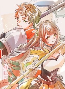 1boy 1girl black_corset boucheron_(fire_emblem) braid breasts brown_hair cleavage corset fire_emblem fire_emblem_engage goldmary_(fire_emblem) green_eyes highres hooded_top large_breasts looking_back low_ponytail nintendo ponytail ribbon single_shoulder_pad skirt sweatdrop white_ribbon yellow_eyes yellow_skirt yutohiroya