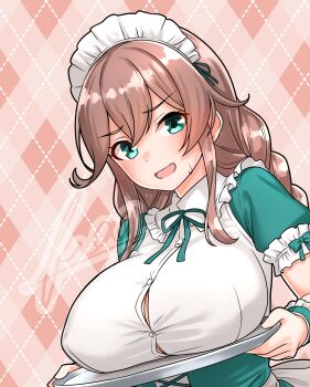 Rule 34 | 1girl, absurdres, alternate costume, apron, argyle background, blush, braid, breast rest, breasts, brown hair, dress, enmaided, frills, furaggu (frag 0416), green dress, green eyes, highres, kantai collection, large breasts, long hair, maid, maid apron, maid headdress, noshiro (kancolle), open mouth, pink background, smile, solo, twin braids, upper body, white apron