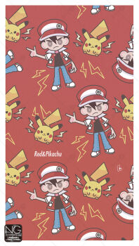 1boy baseball_cap black_shirt blue_pants brown_hair closed_mouth frown gen_1_pokemon grey_eyes hat highres holding holding_poke_ball jacket lightning_bolt_symbol looking_at_viewer meme_(sleepsheep) nintendo pants pikachu poke_ball poke_ball_(basic) pokemon pokemon_(creature) pokemon_frlg red_(pokemon) red_hat shirt short_hair short_sleeves