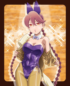animal_ear_hairband animal_ears apocalypse_hotel bow bowtie braid breasts brown_hair cleavage detached_collar fake_animal_ears hairband highres jacket leotard lips low_twin_braids low_twintails medium_breasts orange_eyes pantyhose parted_lips playboy_bunny purple_leotard rabbit_ears strapless strapless_leotard takagi_nobuyuki twin_braids twintails white_bow white_bowtie yachiyo_(apocalypse_hotel) yellow_jacket yellow_pantyhose