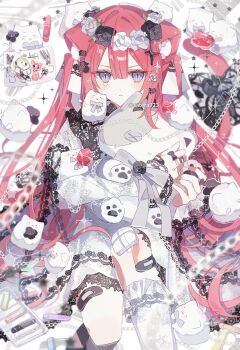 1girl animal_ear_fluff animal_ears asymmetrical_legwear bandaid blurry blurry_foreground bow closed_mouth double-parted_bangs dress flower_wreath grey_bow head_wreath highres lace lace-trimmed_dress lace-trimmed_thighhighs lace_trim long_hair looking_at_viewer original pink_hair purple_eyes sitting slit_pupils sparkle sparkle_hair_ornament stuffed_animal stuffed_toy tail tearing_up thighhighs yakinikusakoku