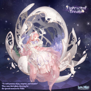 1girl ;o artist_request blunt_bangs bow brooch brown_eyes capelet character_name copyright_logo corset dot_nose dress dress_under_skirt egg english_text floral_print florescent_dream_(miracle_nikki) flower frilled_dress frilled_sleeves frills full_body glass_shards gown hair_bow jewelry lace-trimmed_bow lace_trim lavender_(flower) light_blush light_particles logo long_hair long_skirt long_sleeves miracle_nikki night nikki_(nikki) nikki_(series) official_art one_eye_closed parted_lips pink_corset pink_hair pink_skirt ponytail print_dress puffy_long_sleeves puffy_sleeves purple_capelet purple_flower rabbit rubbing_eyes shoes showgirl_skirt sitting skirt sky sleepy solo sparkle stage star_(sky) starry_sky third-party_source tile_floor tiles two-tone_capelet very_long_hair white_bow white_capelet white_dress white_flower white_shoes winged_animal