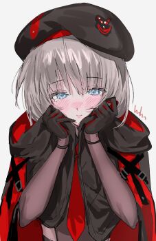 Rule 34 | 1girl, aogisa, beret, black cape, black gloves, black hat, blue eyes, blush, cape, commentary, elbow gloves, gloves, goddess of victory: nikke, grey hair, hands on own cheeks, hands on own face, happy, hat, highres, leotard, looking at viewer, necktie, red necktie, smile, solo, straight-on, symbol-only commentary, tearing up, upper body, vesti (nikke), vesti (tactical upgrade) (nikke), white background