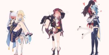 3d 6+girls amber_(genshin_impact) ayaka_(genshin_impact) belt blush caldier_fshh carrying covering_face dress embarrassed eula_(genshin_impact) genshin_impact gold_belt hairband hat heart high_heels highres hu_tao_(genshin_impact) hug jacket leotard lumine_(genshin_impact) multiple_girls ponytail princess_carry shorts standing yanfei_(genshin_impact) yuri