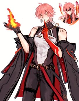 Rule 34 | 1boy, bare shoulders, black gloves, black jacket, black pants, black shirt, blindfold, body markings, changli (wuthering waves), colored extremities, commentary request, detached sleeves, finger to mouth, fire, genderswap, genderswap (ftm), gloves, hair between eyes, hair extensions, half-closed eyes, hand up, highres, index finger raised, jacket, jhenny345, long hair, looking at viewer, male focus, multicolored hair, multiple views, pants, parted lips, pink hair, red hands, ring hair extensions, shirt, shushing, single glove, smile, spanish commentary, tacet mark (wuthering waves), two-tone hair, two-tone shirt, white hair, white shirt, wuthering waves, yellow eyes