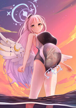 1girl absurdres artist_name big_belly black_one-piece_swimsuit blue_archive breasts closed_mouth cloud commentary competition_school_swimsuit covered_navel dusk fetus halo highres large_breasts long_hair looking_at_viewer mika_(blue_archive) multicolored_sky on_water one-piece_swimsuit outdoors pink_hair pink_halo ponytail pregnancy_halo pregnant school_swimsuit sky smile solo swimsuit trinity_general_school_swimsuit very_long_hair wading white_wings wing_ornament wings x-ray yellow_eyes yuzuhara1017