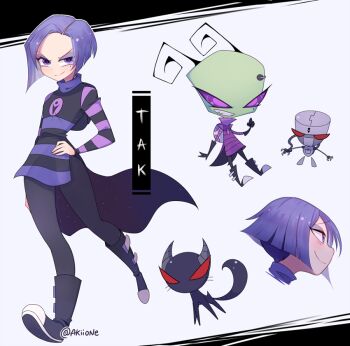2girls alien animification black_boots black_gloves blush boots cat chibi chibi_inset eyeshadow gloves goth_fashion grin hand_on_own_hip humanoid_robot invader_zim irken irken_uniform makeup mimi_(invader_zim) mole mole_under_eye multiple_girls purple_eyes purple_hair red_eyes robot short_hair smile tak_(human_disguise) tak_(invader_zim) turtleneck walking yoyochaan