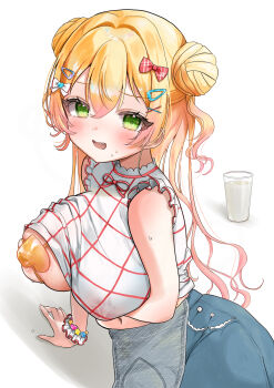 1girl absurdres alternate_costume blonde_hair blue_skirt blush breasts commentary_request cup double_bun fang green_eyes hair_bun hair_ornament hairpin heart_pasties highres hololive ichika_(ick_514) large_breasts looking_at_viewer lying momosuzu_nene on_side open_mouth pasties shirt skirt solo virtual_youtuber white_background white_shirt x_hair_ornament