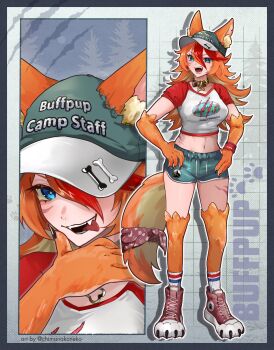 1girl animal_ear_fluff animal_ears animal_hands baseball_cap blue_eyes boots breasts buffpup_(vtuber) character_name chimanakoneko clawed_boots claws clothes_writing ears_through_headwear hair_between_eyes hands_on_own_hips hat highres lace-up_boots midriff multicolored_hair multicolored_shirt navel open_mouth orange_hair paw_print red_boots red_hair shadow socks streaked_hair tail tongue vchiban virtual_youtuber white_socks wolf_ears wolf_girl wolf_tail