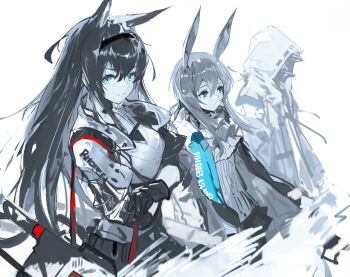 Rule 34 | 1other, 2girls, alchemaniac, amiya (arknights), animal ears, arknights, black hair, black hairband, blaze (arknights), blue eyes, cat ears, doctor (arknights), gloves, hair between eyes, hairband, highres, hood, hooded jacket, jacket, long hair, looking at viewer, multiple girls, open clothes, open jacket, rabbit ears, simple background, smile, white background