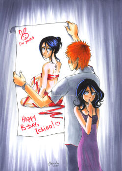 Rule 34 | 1boy, 1girl, absurdres, black hair, bleach, blue eyes, couple, dress, hetero, highres, kuchiki rukia, kurosaki ichigo, orange hair, poster (medium), poster (object), short hair, yuria-chu