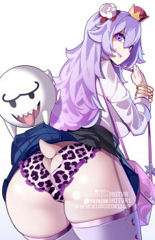 1girl animal_print ass ass_cutout ass_focus bag boo_(mario) butt_crack clothes_lift clothing_cutout commentary english_commentary flower from_behind hair_flower hair_ornament heart_cutout highres hot_vr lifting_another's_clothes long_hair looking_back mario_(series) nintendo panties pleated_skirt princess_king_boo print_panties purple_eyes purple_hair shirt shoulder_bag skirt skirt_lift smile solo super_crown thighhighs underwear white_shirt white_thighhighs