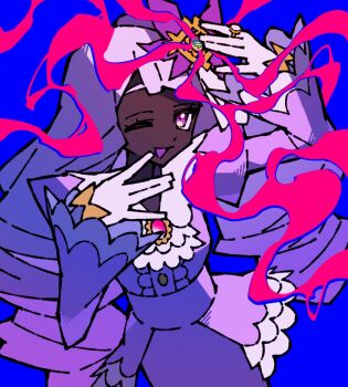 1girl blue_background dark-skinned_female dark_skin dress fascinator frills gloves highres jacinthe_(pokemon) jewelry long_hair low_drills mega_stone nintendo one_eye_closed open_mouth pokemon pokemon_legends:_z-a puffy_sleeves purple_dress purple_hair ring very_dark_skin white_background white_gloves zito_(zito222)