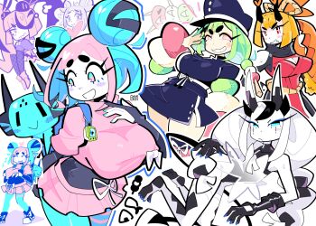 :d absurdres ahoge backpack bag black_gloves black_hat black_jacket black_leggings black_leotard black_skirt blonde_hair blue-chan_(bourbunbun) blue_eyeliner blue_eyes blue_hair blue_nails blue_pantyhose bourbunbun bow bunbun_(bourbunbun) chibi claws colored_eyelashes colored_skin commentary covered_eyes creature dango double_bun dress english_commentary expressionless eyeliner feet fishnet_pantyhose fishnets food food-themed_hair gloves green_hair hair_bun hair_ornament hairclip halftone hanami_(bourbunbun) hat heart heart_ahoge highres horns jacket kirie_(bourbunbun) leggings leotard makeup mascot multicolored_hair multiple_girls onigiri open_mouth original pantyhose pink_eyes pink_hair pink_skirt pink_thighhighs pink_top purah_(bourbunbun) purple_shirt rabbit red_skirt ribbon see-through_clothes sharp_teeth shirt short_eyebrows shrimp shrimp_tempura skirt smile smug stirrup_legwear sushi tail teeth tempura thighhighs toeless_legwear wagashi white_bow white_dress white_hair white_ribbon white_skin