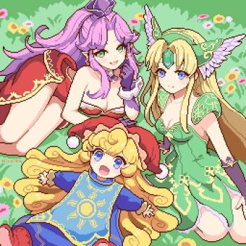 Rule 34 | 3girls, angela (seiken densetsu 3), blonde hair, blue eyes, breasts, bridal gauntlets, charlotte (seiken densetsu 3), cleavage, commentary request, dress, flower, forehead jewel, green dress, green eyes, green helmet, happy, helmet, hiroita, legs, leotard, long hair, low-tied long hair, multiple girls, open mouth, pixel art, purple hair, red leotard, riesz, seiken densetsu, seiken densetsu 3, simple background, winged helmet