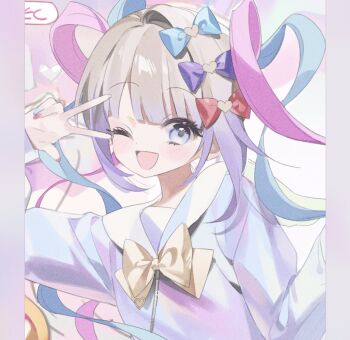 1girl ;d blue_eyes blue_hair bow bowtie chouzetsusaikawa_tenshi-chan film_grain grey_hair hair_bow highres iridescent_clothes juju_(jelly_fever) large_bow long_hair looking_at_viewer multicolored_hair multicolored_nails multiple_hair_bows nail_polish needy_girl_overdose noise one_eye_closed open_mouth pink_hair quad_tails school_uniform serafuku smile solo upper_body v v_over_eye