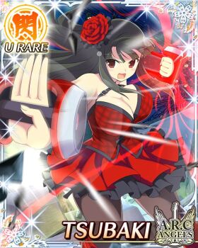 1girl :o belt black_hair black_pantyhose border breasts card_(medium) character_name cleavage dress english_text fighting_stance flower game_cg gauntlets hair_ornament hime_cut large_breasts long_hair midair night official_alternate_costume official_art palm_strike pantyhose plaid_clothes plaid_dress red_dress red_eyes red_flower senran_kagura senran_kagura_new_wave solo speaker tsubaki_(senran_kagura) weaponized_instrument