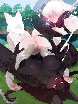 2girls 69 absurdres animal_ears anus ass barbell_piercing black_hair black_skin blush body_fur breasts cat_ears cat_girl colored_skin commentary cum dog_ears dog_girl dog_tail ejaculation english_commentary furry furry_female furry_with_furry futa_with_female futanari grass heart highres large_breasts long_hair multiple_girls nature nipple_piercing nipples original outdoors penis piercing pink_eyes pita-potato pussy river spoken_character tail teeth tree white_fur white_hair ych_commission