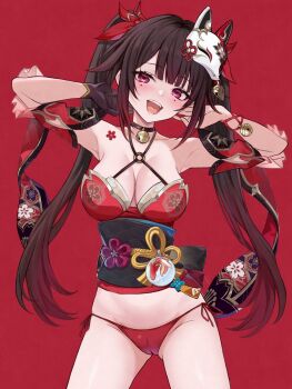 1girl bare_shoulders bell bikini bikini_under_clothes black_choker black_sash bottomless breasts brown_hair butterfly-shaped_pupils choker commentary_request criss-cross_halter dress flower_tattoo fox_mask gloves halterneck highres honkai:_star_rail honkai_(series) large_breasts long_hair looking_at_viewer mark_under_both_eyes mask mask_on_head neck_bell pink_eyes red_background red_bikini red_dress red_sleeves saint_laurent_paris sash side-tie_bikini_bottom simple_background single_glove smile solo sparkle_(honkai:_star_rail) swimsuit symbol-shaped_pupils tattoo twintails underwear