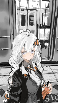 1girl ahoge alternate_eye_color black_jacket blush braid breasts closed_mouth collared_shirt commentary_request cross_tie dress expressionless fingerless_gloves gloves grey_dress hair_ornament hand_up highres holding holding_ticket jacket kabuyama_kaigi kizuna_akari large_breasts long_hair looking_at_viewer low_twin_braids monochrome_background open_clothes open_door open_jacket orange_gloves ribbed_shirt shirt solo tactile_paving ticket train twin_braids upper_body vocaloid voiceroid white_eyes white_hair white_shirt